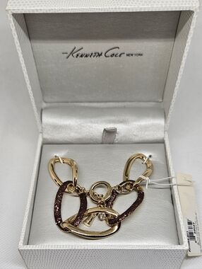 Kenneth Cole Gold Tone Chain Bracelet Brown Glitter Link Statement